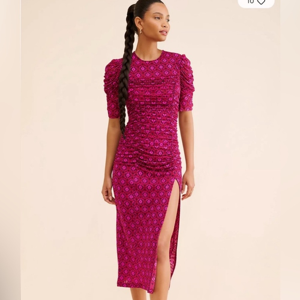 NWOT FREE PEOPL size Large Women’s Fuchsia Ruched Midi Dress with Side Slit